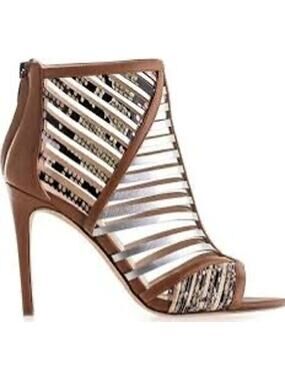 Nine West SZ 7 in Box Tan Leather 4" STILLETO Heel PEEP TOE Snakeskin Metallic